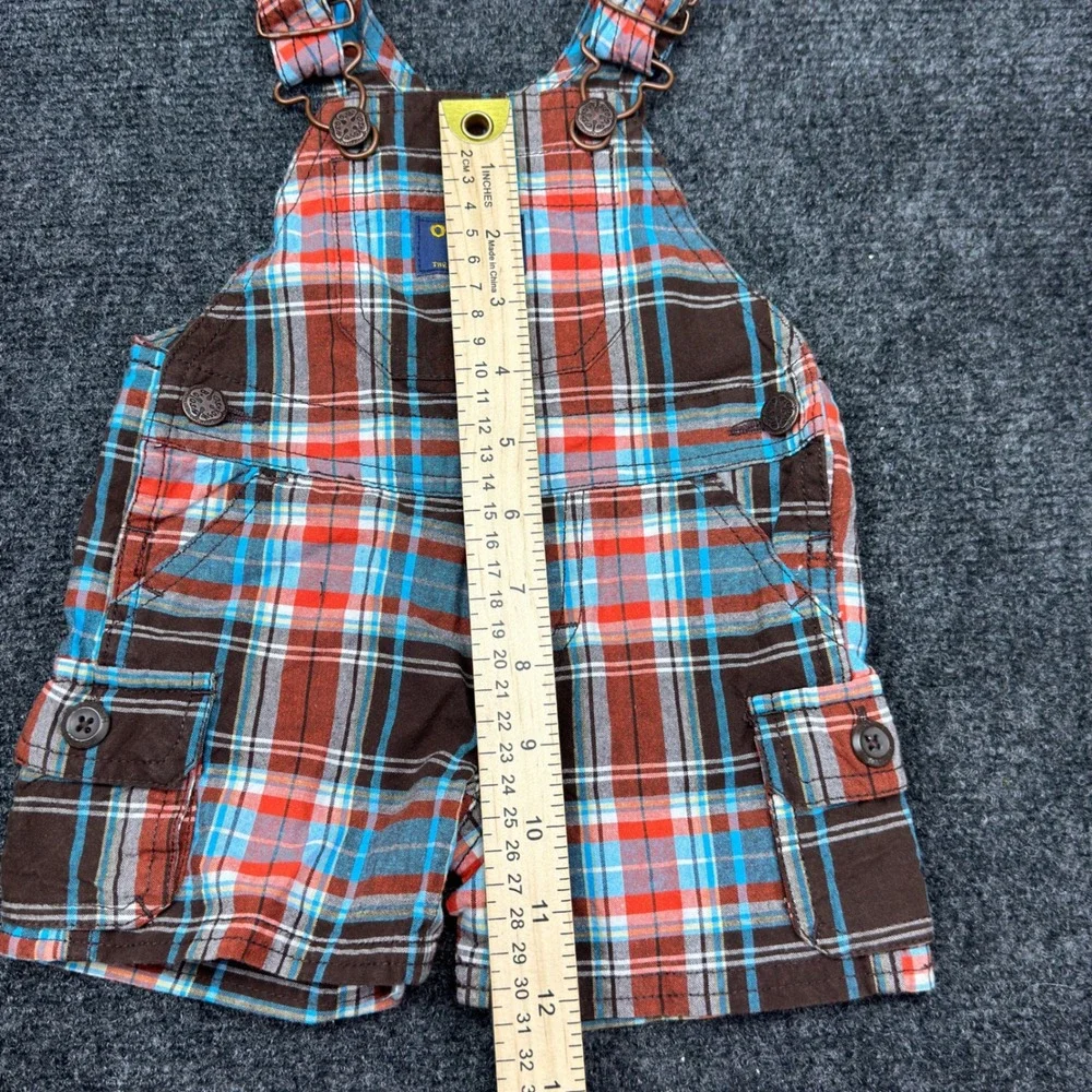 OshKosh Bgosh Baby Boys Plaid Cargo Shortalls Brown Orange Blue Utility Overalls